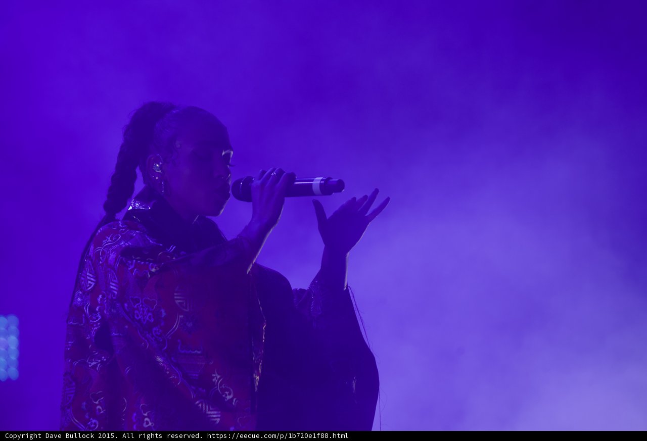 FKA twigs Intimate Profile Portrait Singing Elegant Hand Fingers Spread Braided Ponytails Hoop Earrings Kimono Purple Atmospheric Haze