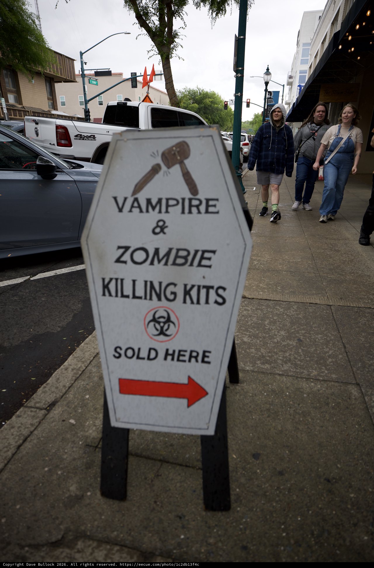 Vampire & Zombie Killing Kits Sign on Small Town Street