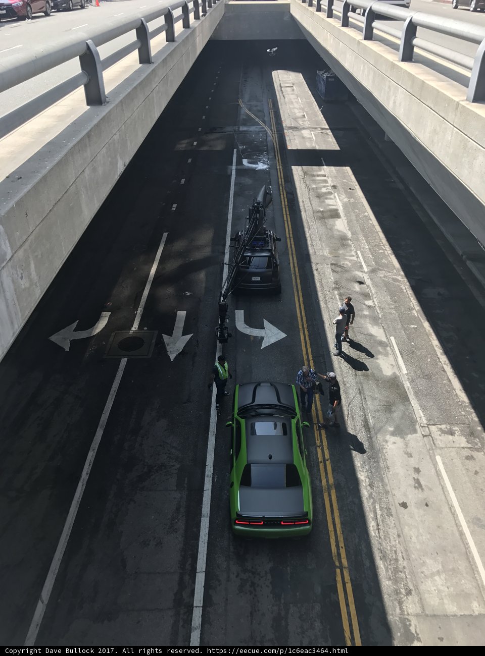 Parked Green Car Under LA Bridge