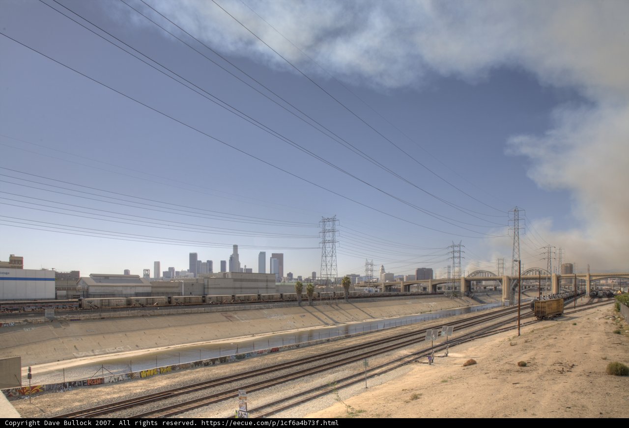Griffith Park Fire and Downtown Los Angeles from 7th Street Bridge 