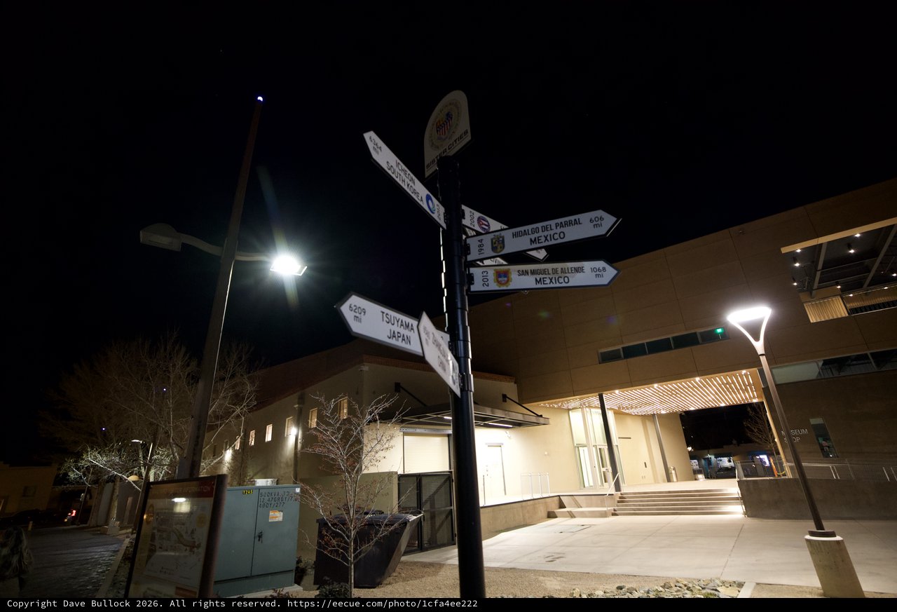 Sister Cities Directional Signs at Night in Santa Fe