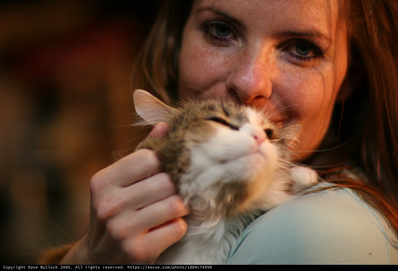 Woman Tenderly Cuddling Fluffy Kitten Close to Face