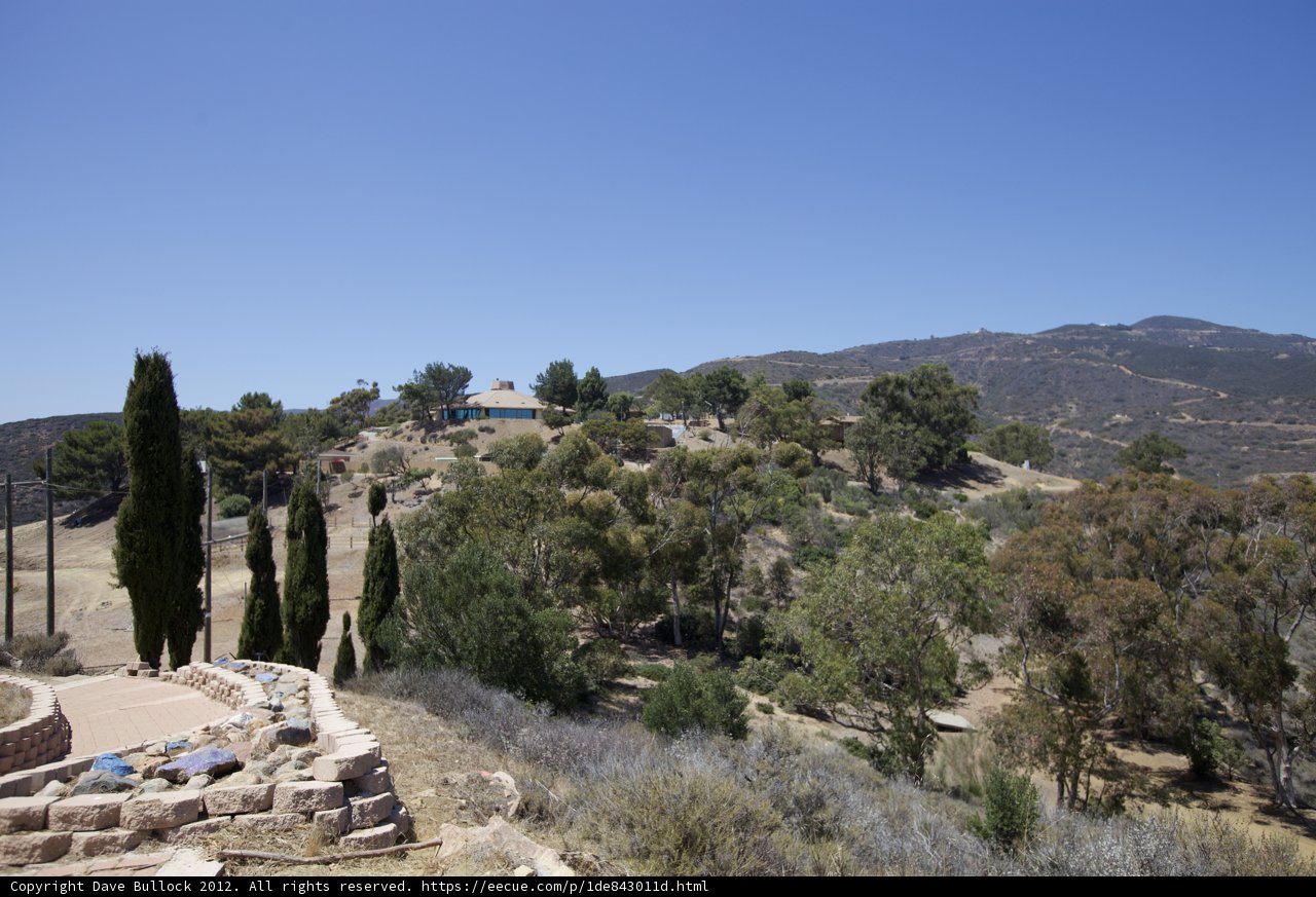 Serene Hillside Home Caption: A peaceful scene of a picturesque house nestled in the wilderness atop a lush hillside, surrounded by a majestic fir tree and other vegetation under a clear blue sky.