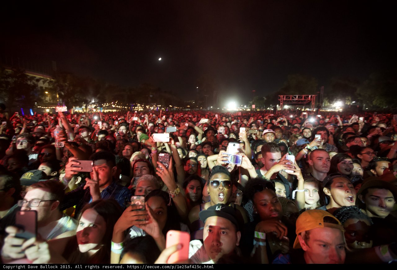 FYF Fest Wide Crowd Woman Sunglasses Amazed Expression Moon Night Phones Stage Scaffolding Diverse