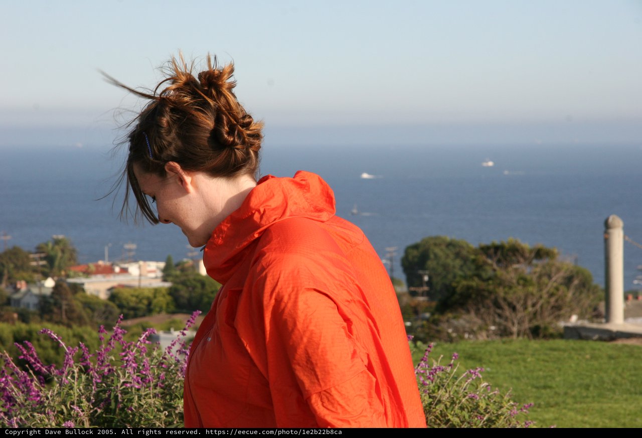 Red Jacket Woman Overlooking Coastal City Vista