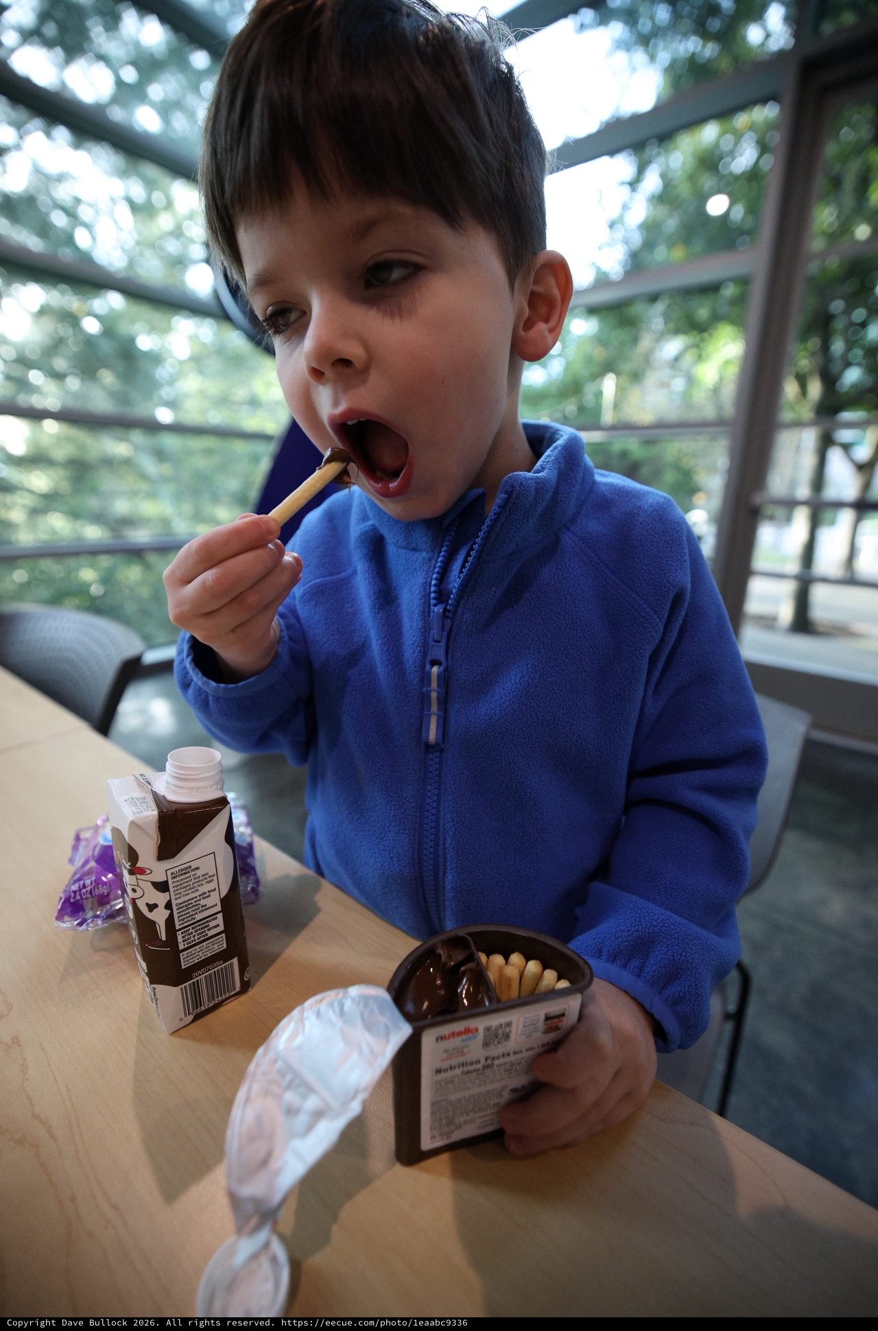 Young Boy Enjoying Nutella and Breadsticks Snack