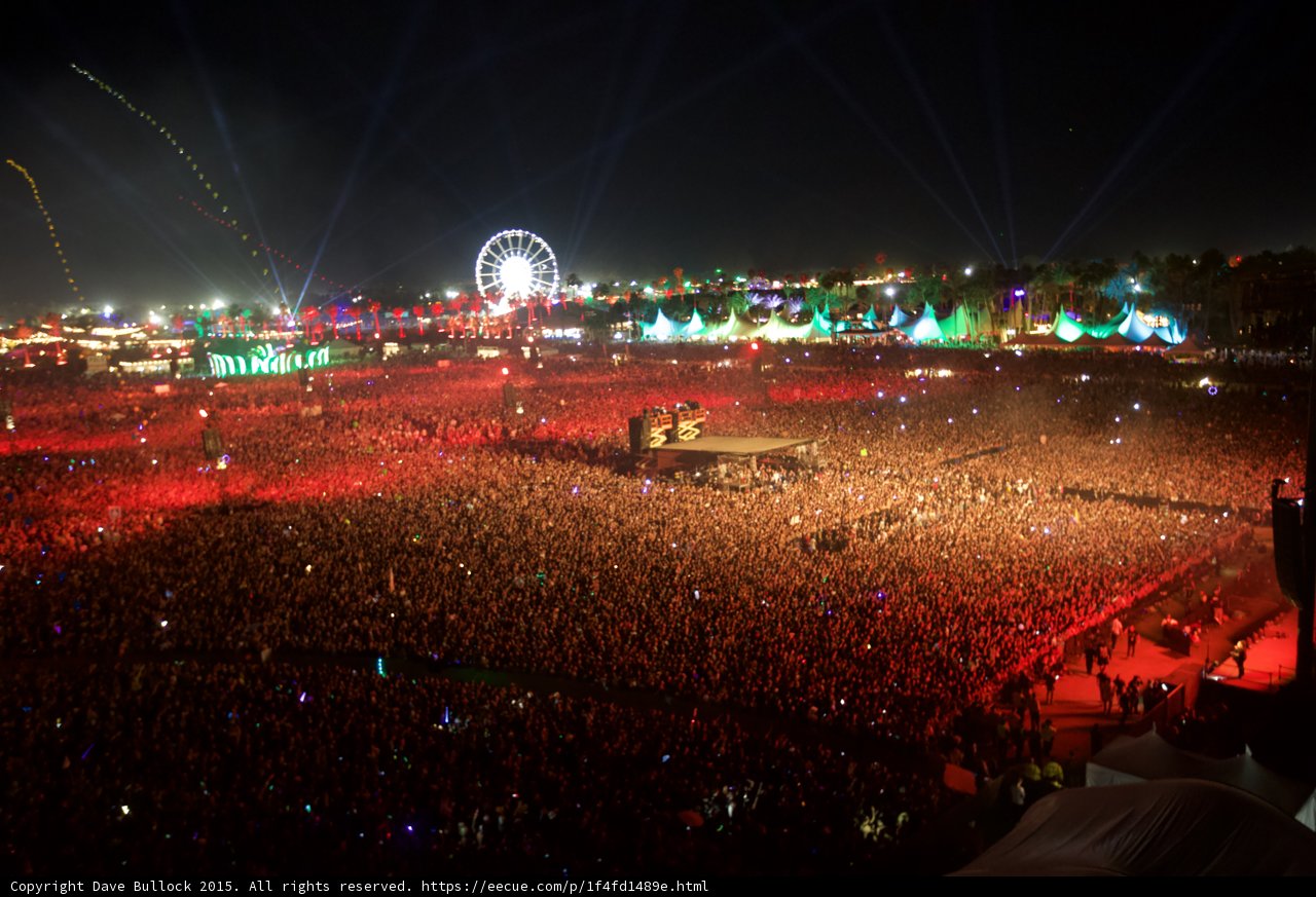 Lights, Music, Action Caption: The electric atmosphere at Coachella's night time concert is enough to leave you breathless. With an audience of thousands, the city skyline and fireworks lighting up the sky, the energy is unmatched.