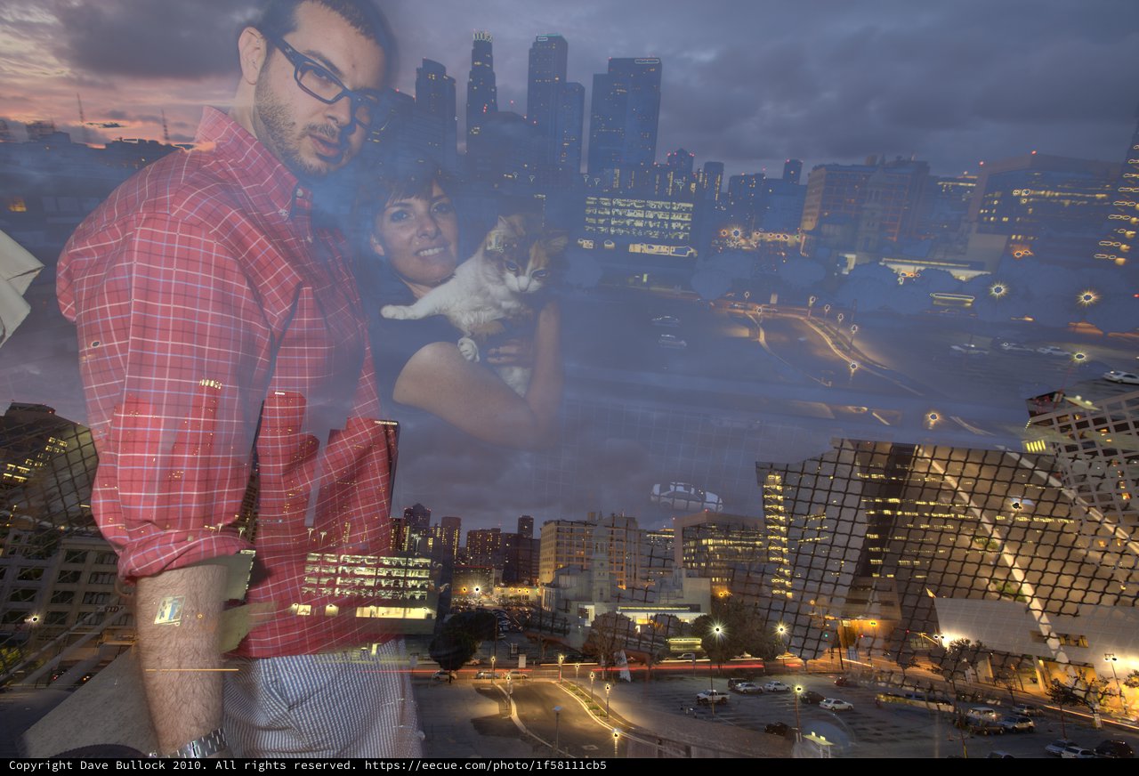 Double Exposure Couple and Cat Over LA Skyline