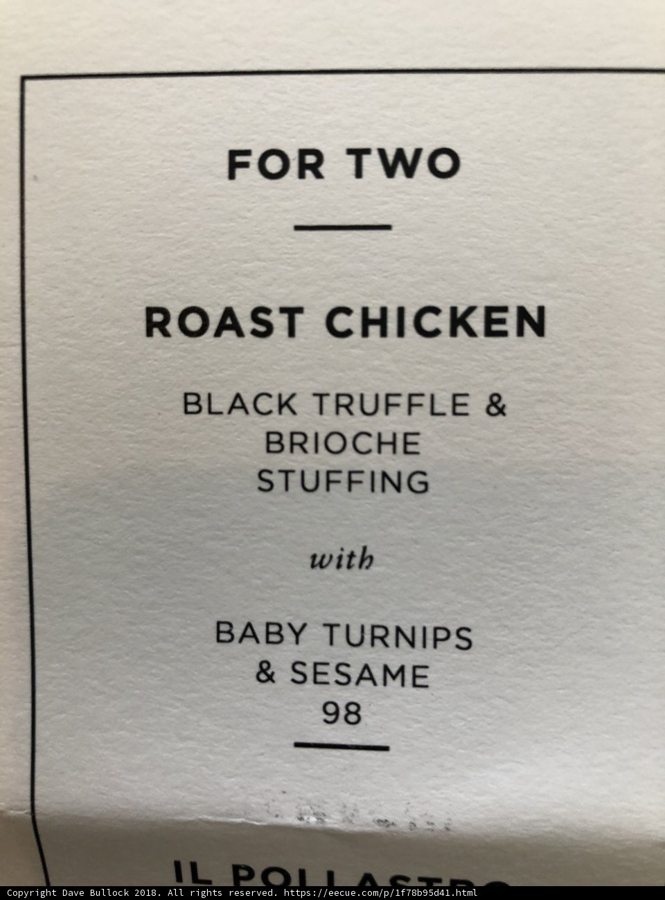 Two Roast Chicken with Black Truffles and Stuffing Menu