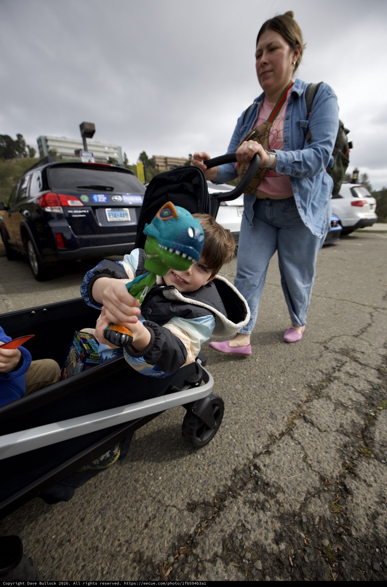 Mother Pushing Child in Wagon Through Parking Lot