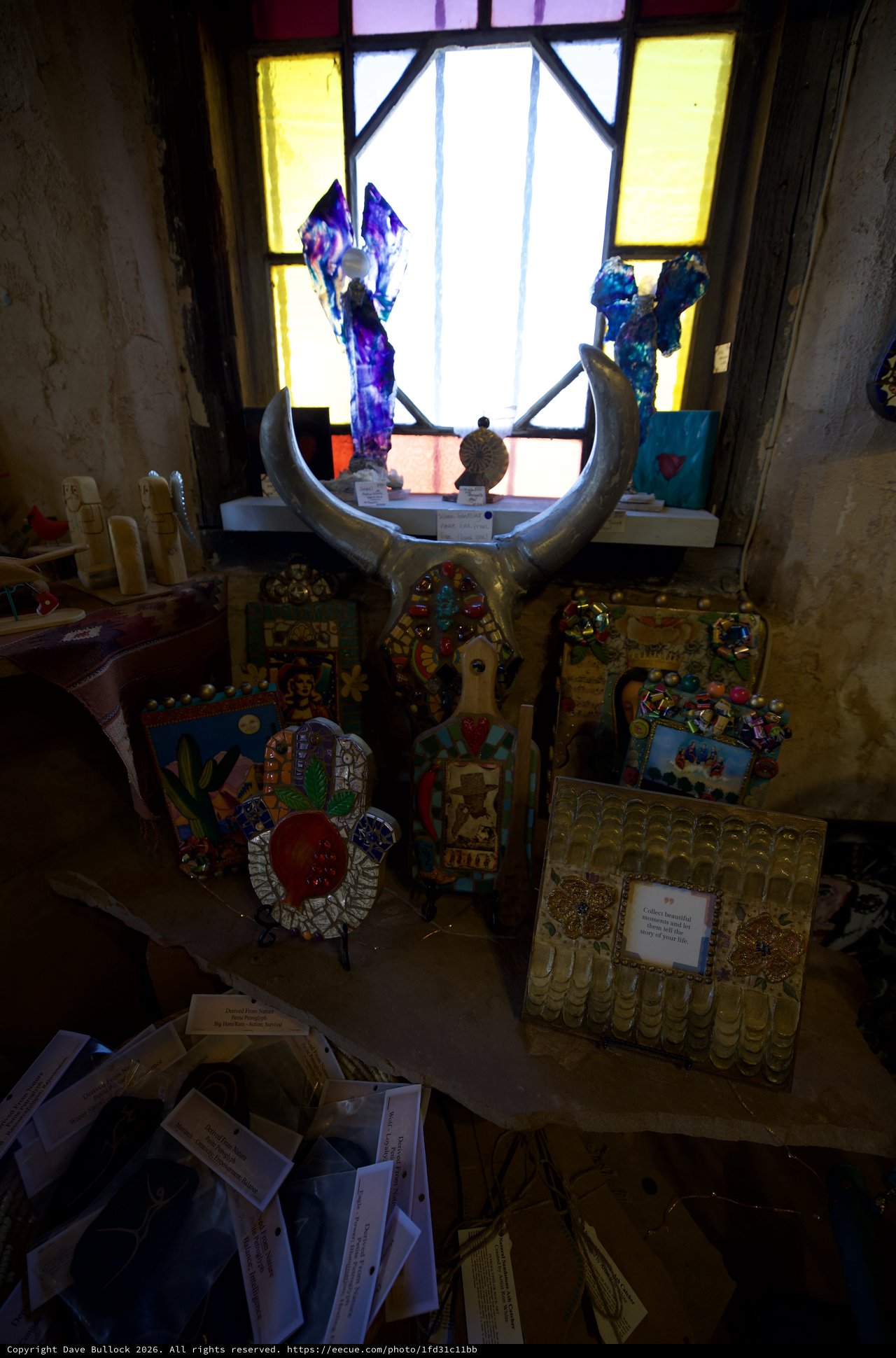 Sacred Altar with Stained Glass and Folk Art Offerings