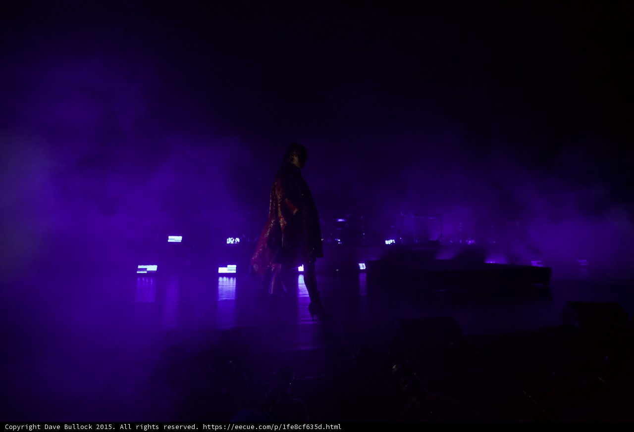 FKA twigs Wide Stage Purple Lighting Red Brocade Kimono Gold Patterns Visible LED Lights Heavy Purple Haze