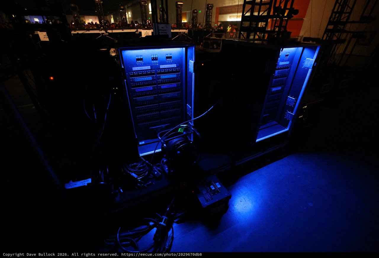 Blue-Lit Audio Rack Systems Backstage at Wobbleland
