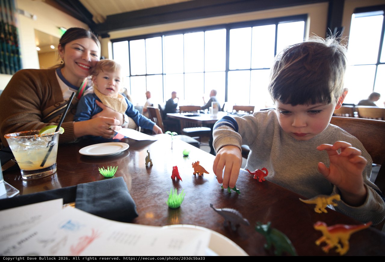 Family Mealtime with Dinosaur Play at Restaurant
