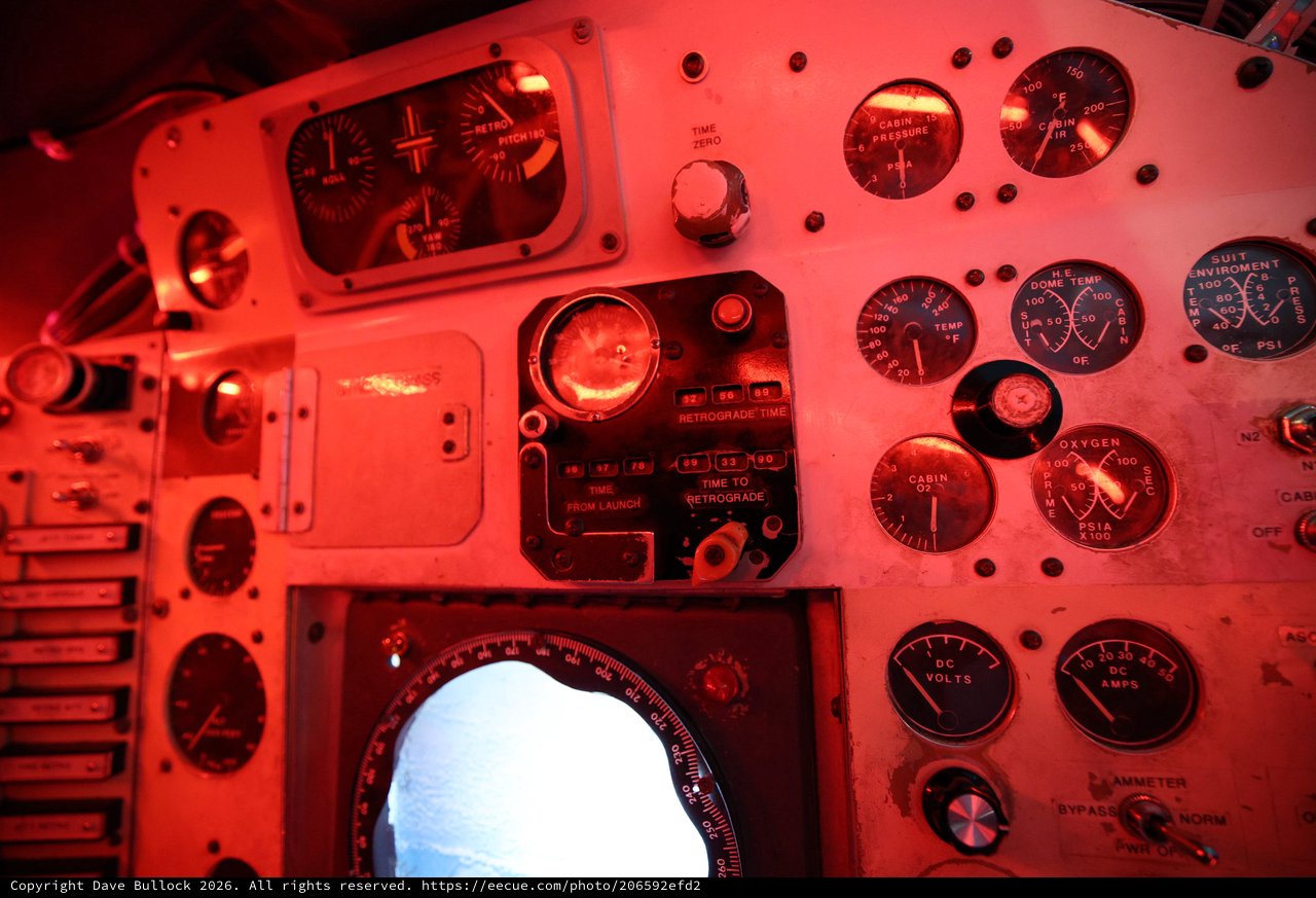 Vintage Spacecraft Control Panel Bathed in Red Light
