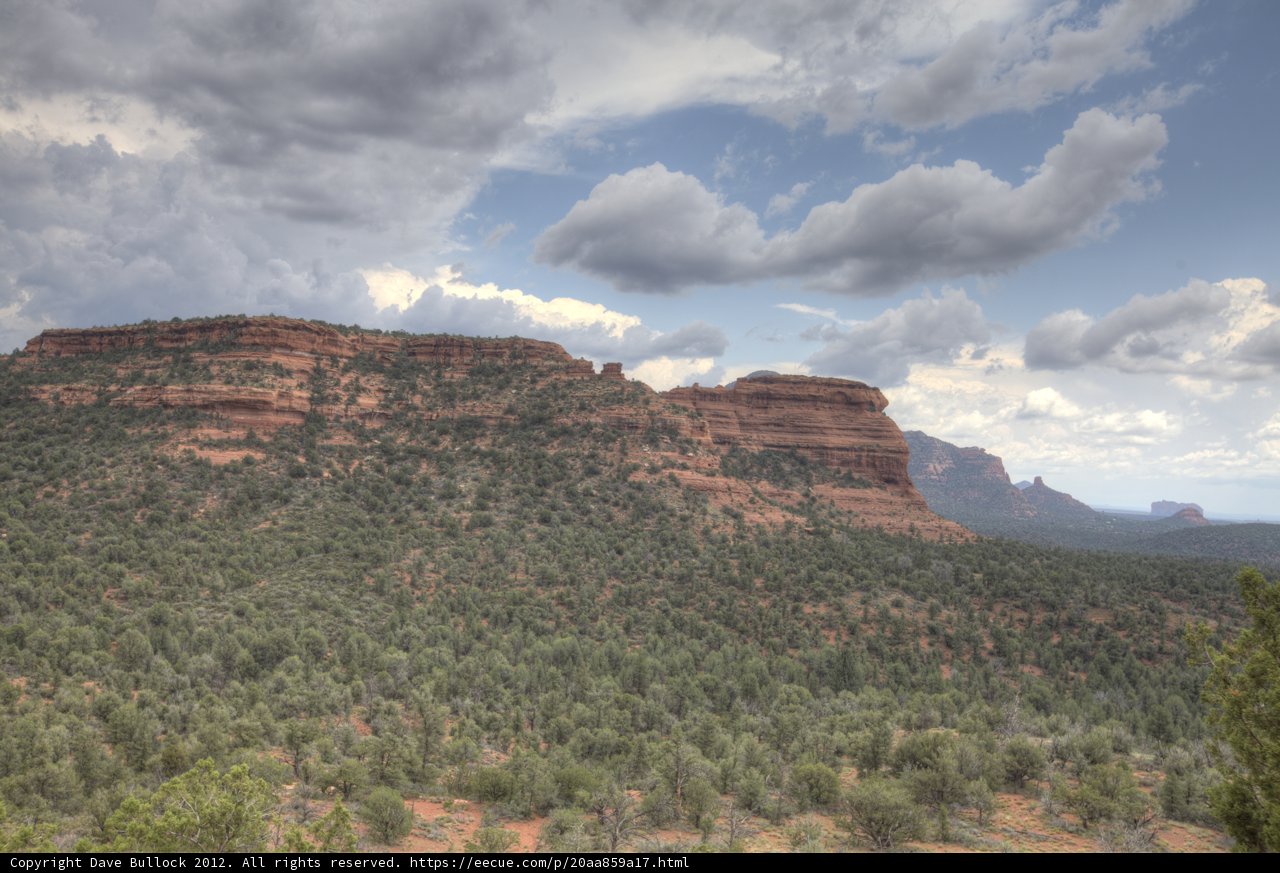 Majestic Red Rocks and Lush Trees Under the Cloudy Sky