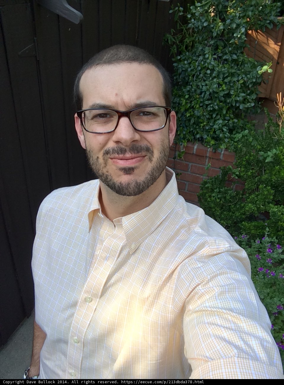 A Self-Portrait of Dave B Smiling in a Yellow Shirt and Glasses
