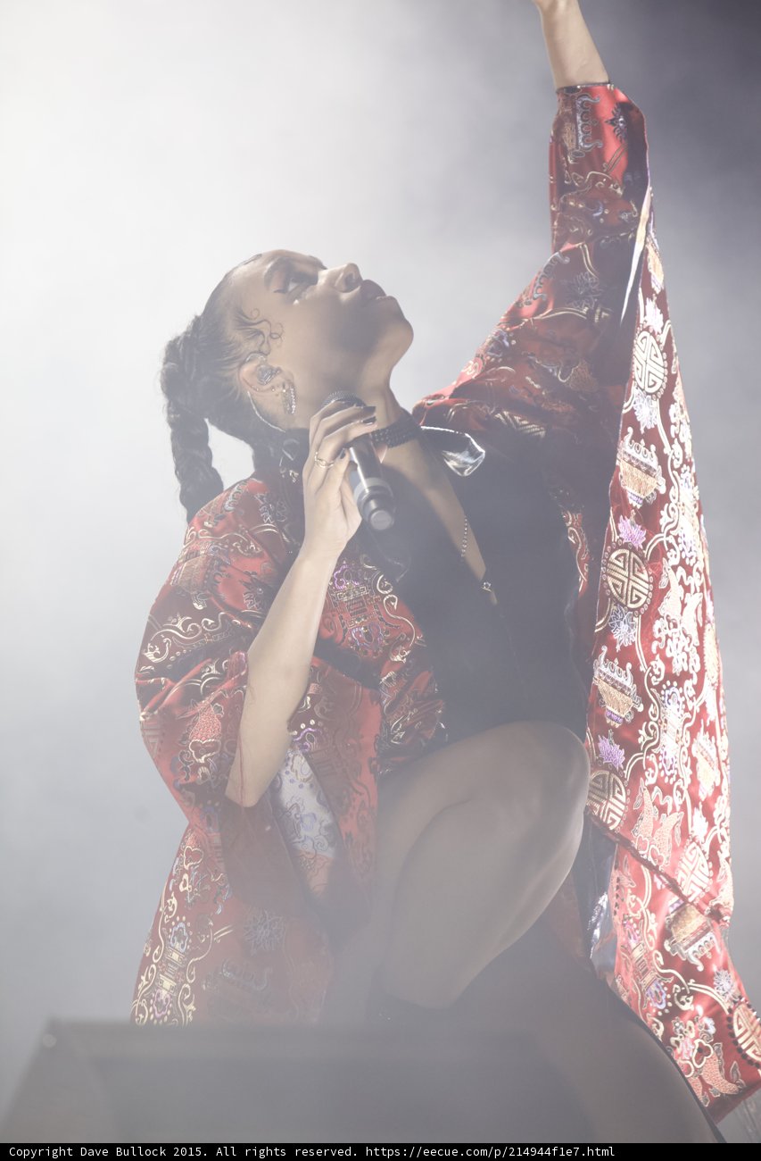 FKA twigs Incredible Portrait Looking Up Baby Hairs Swirls Hoop Earrings Chain Jewelry Braided Ponytails Red Brocade Kimono Arm Raised Black Bodysuit