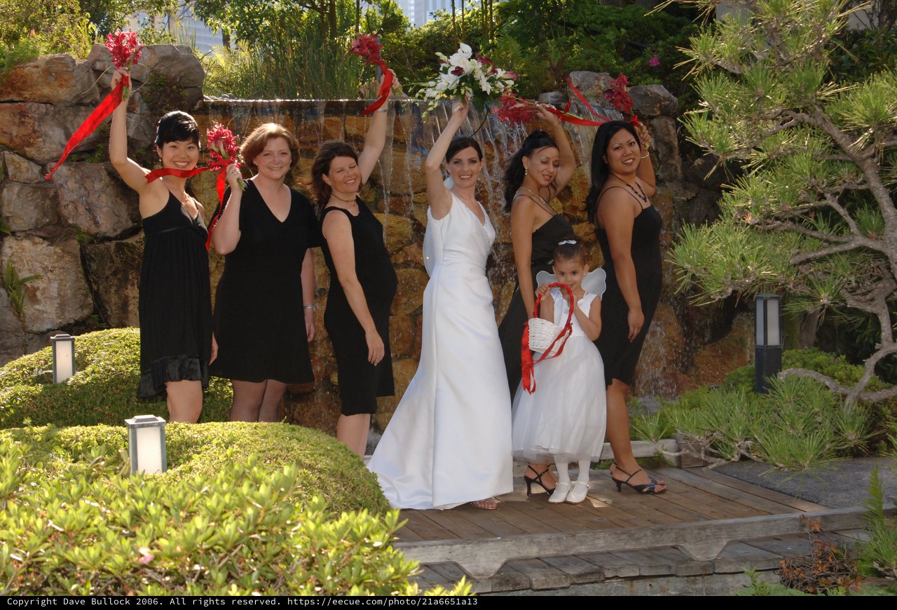 Joyful Bridal Party Celebrates at Garden Waterfall
