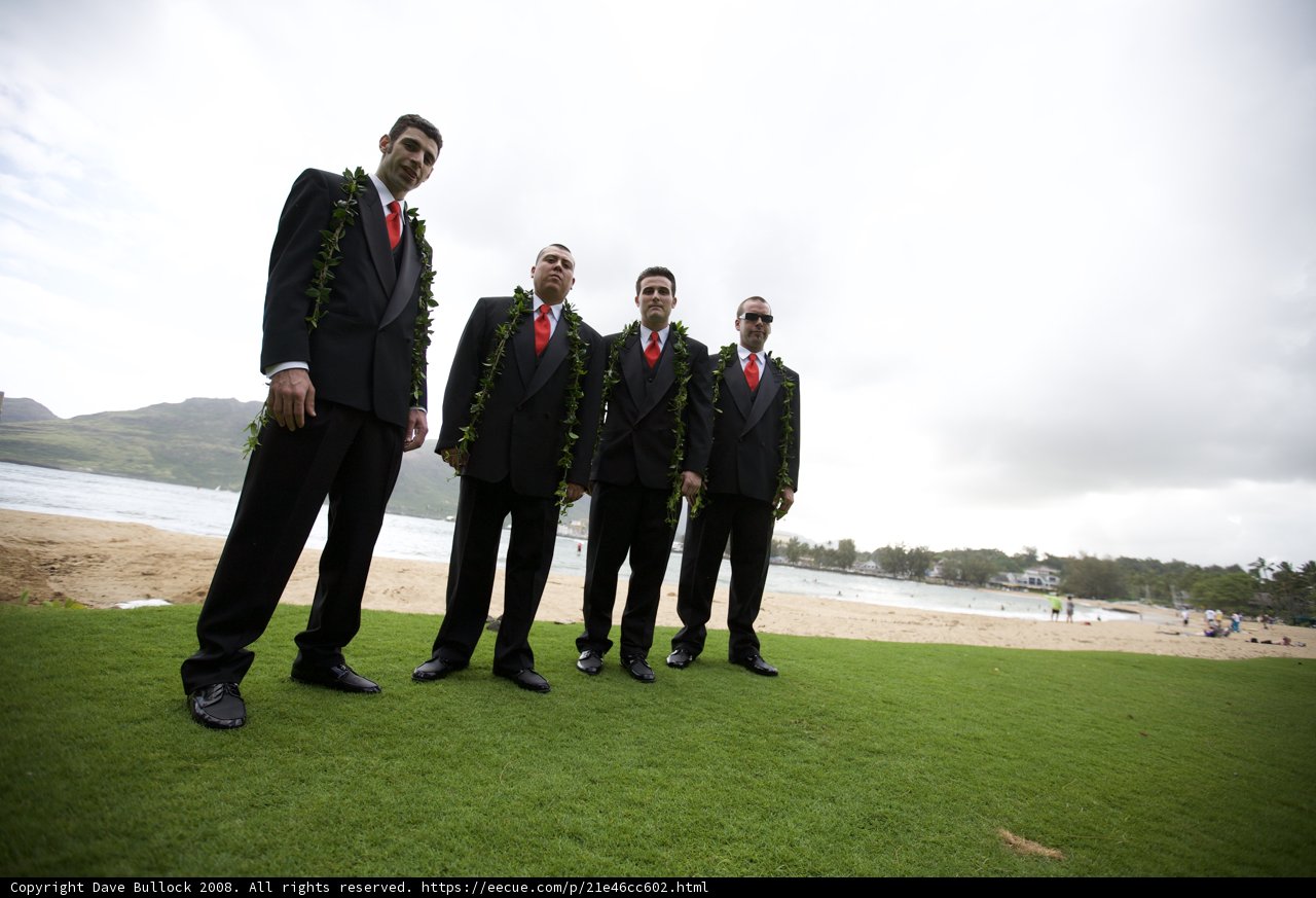 Four Men in Suits Standing on Grassy Shore