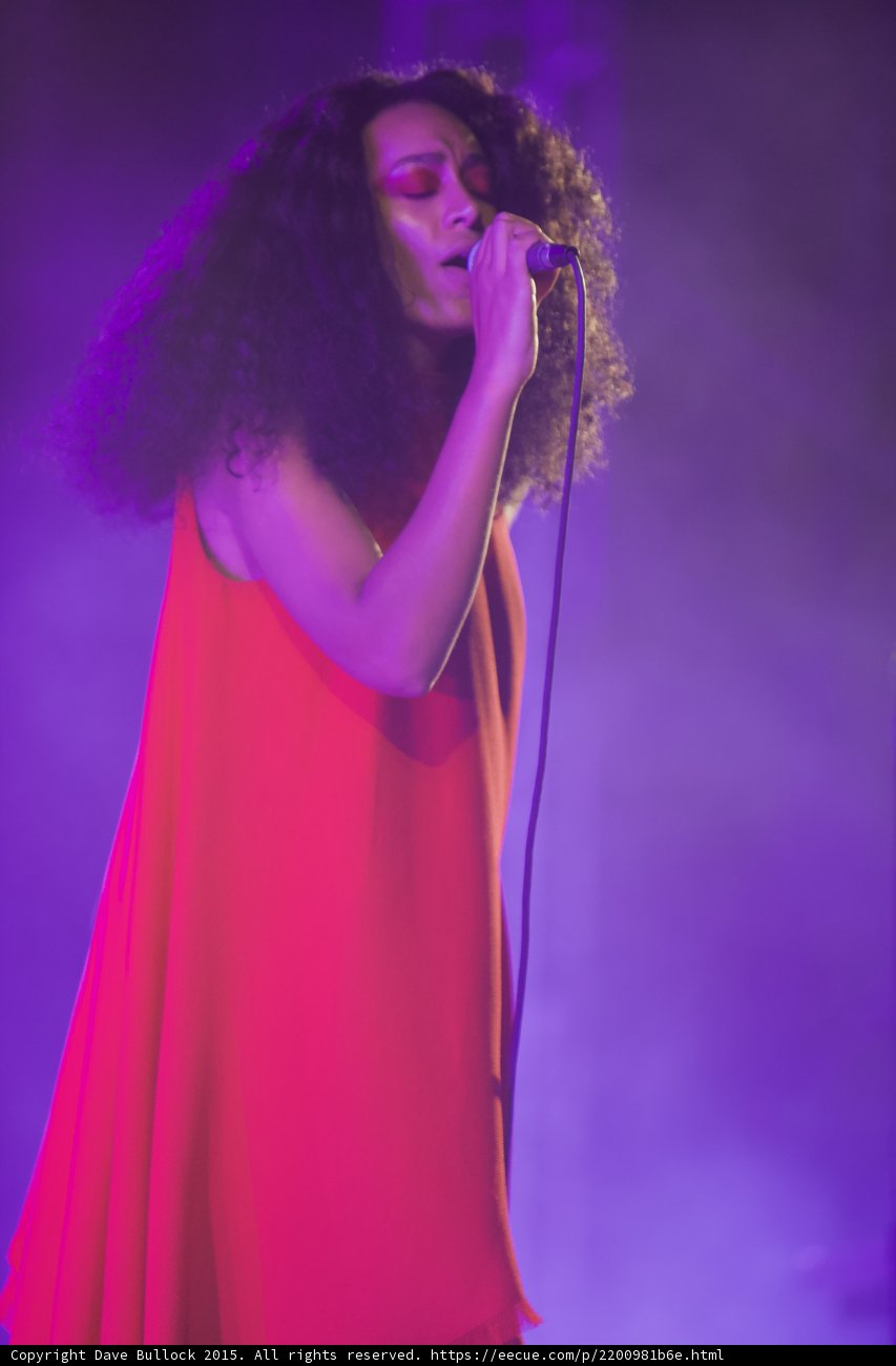 Solange Portrait Eyes Closed Serene Red Dress Purple Blue Haze
