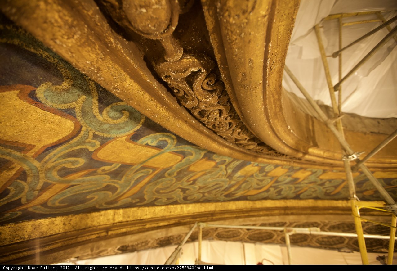Golden and Blue Vaulted Ceiling in a Temple Theater