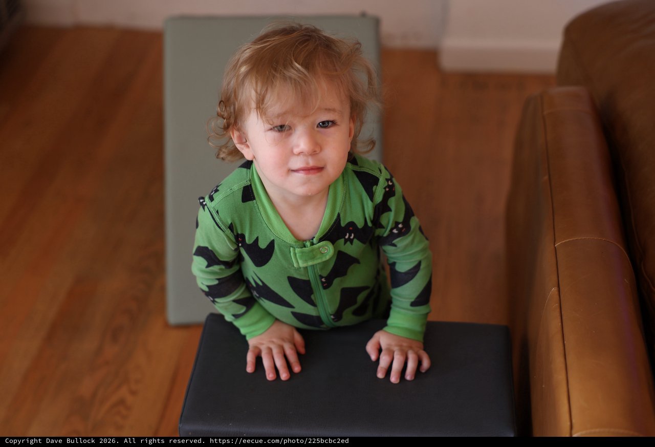 Toddler in Green Dinosaur Pajamas at Home