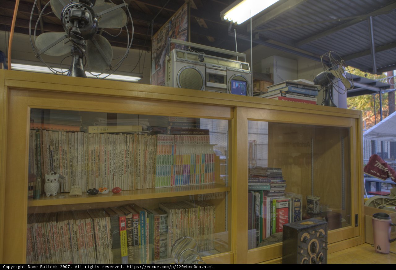 Wooden Bookcase and Ceiling Fan
