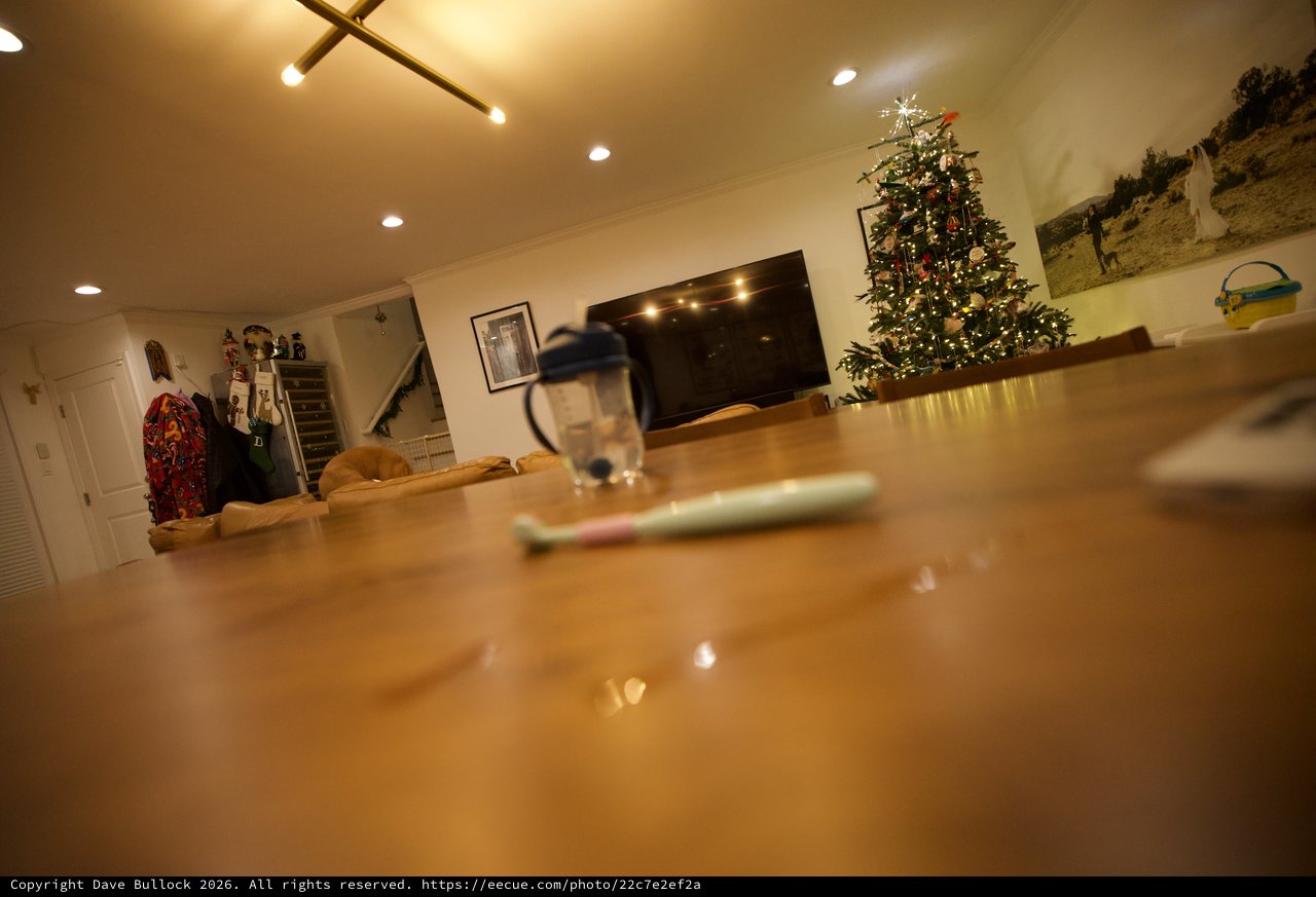 Cozy Holiday Living Room from Low Table Perspective