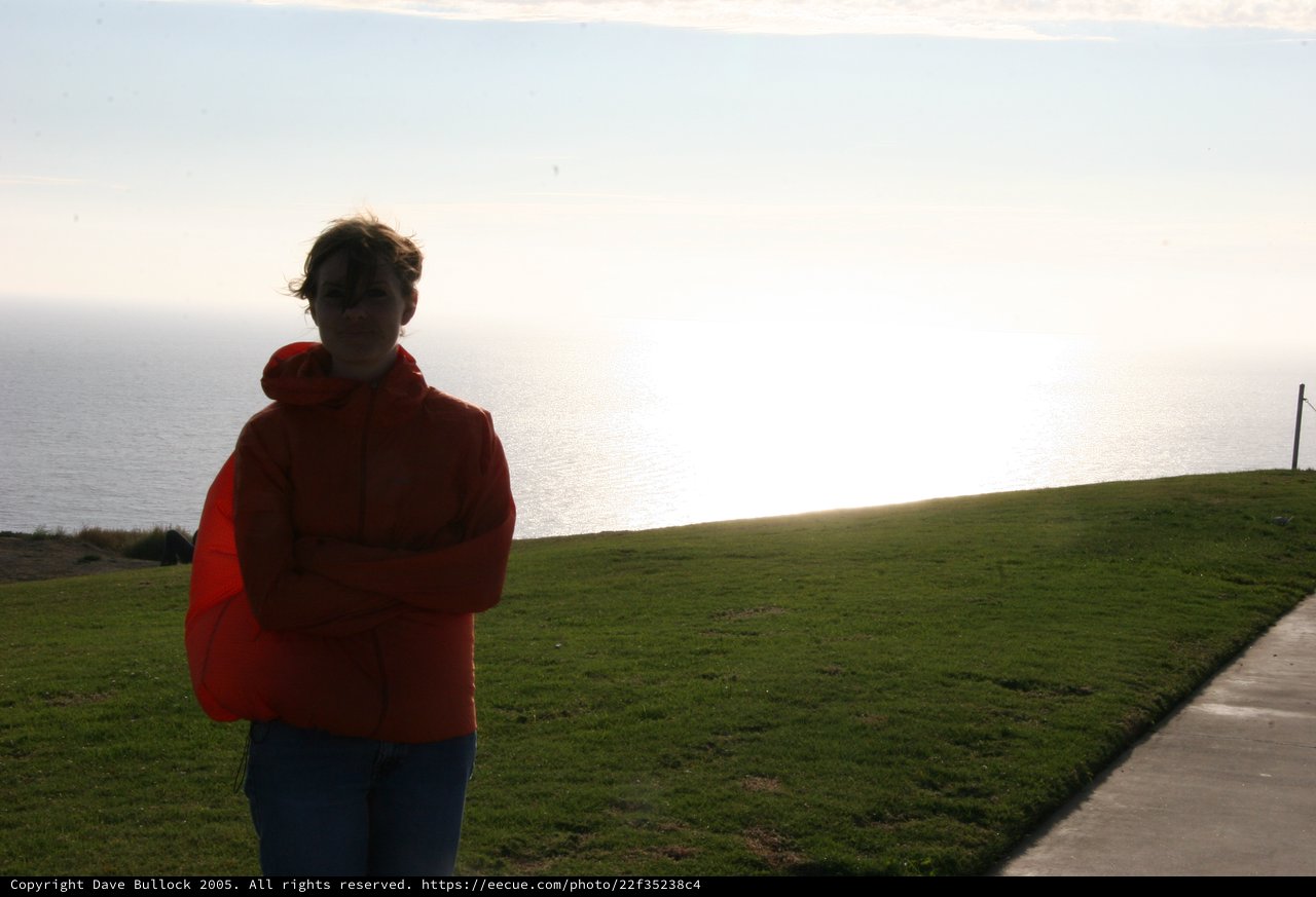 Windswept Woman in Red Overlooking Coastal Cliffs