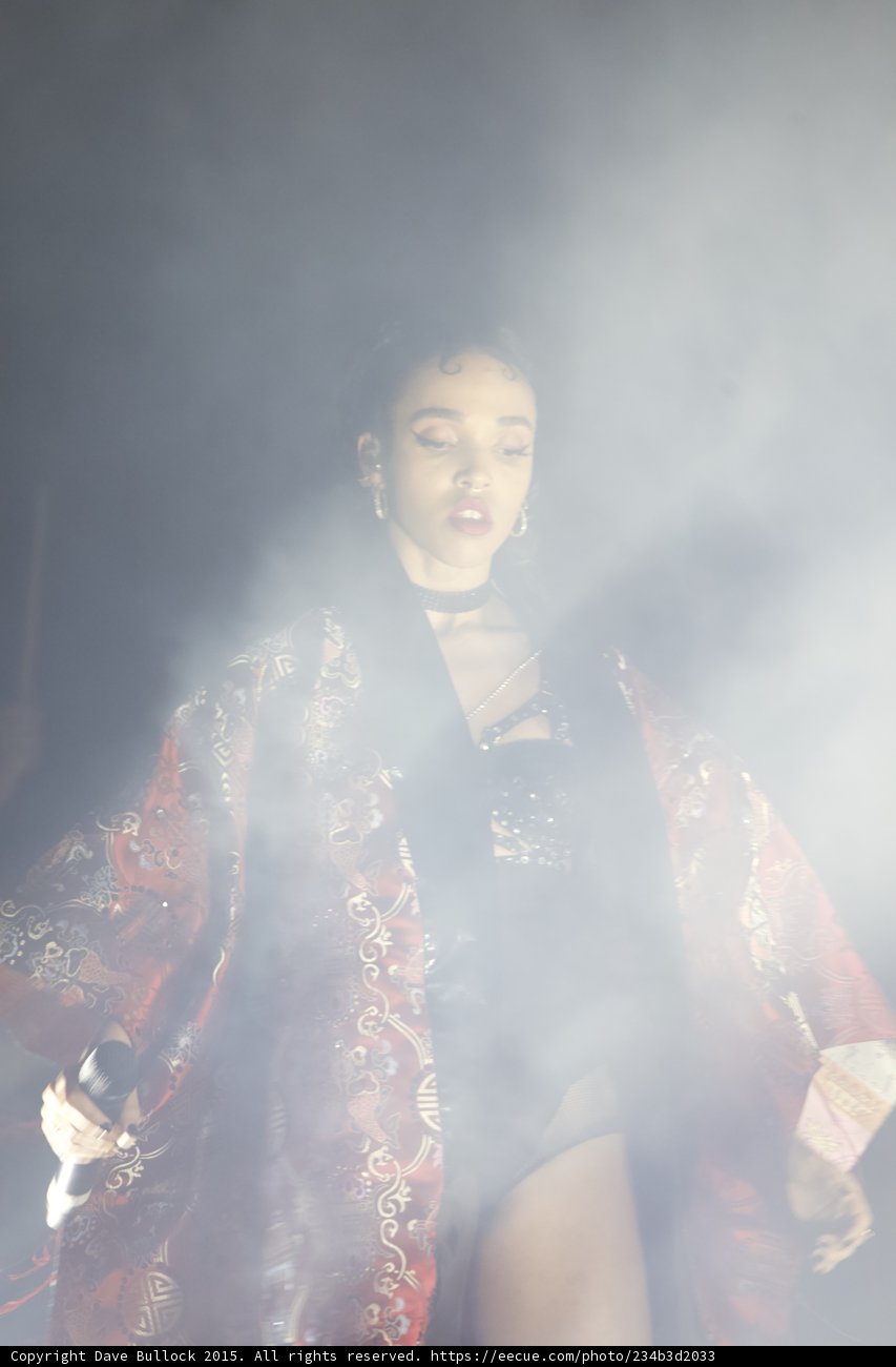 FKA twigs Portrait Eyes Closed Baby Hairs Hoop Earrings Black Choker Strappy Bodysuit Red Brocade Kimono Necklaces
