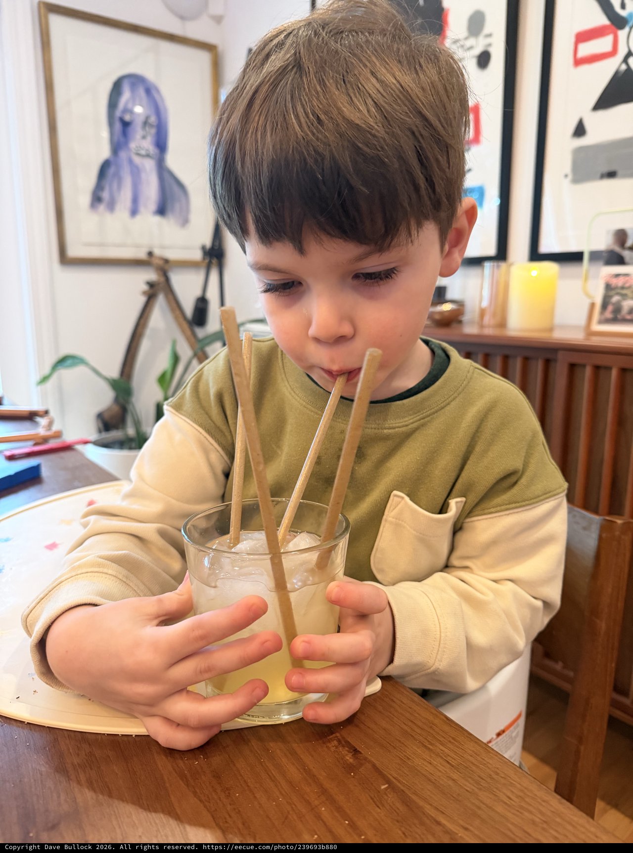 Young Boy Enjoying Iced Drink with Bamboo Straws