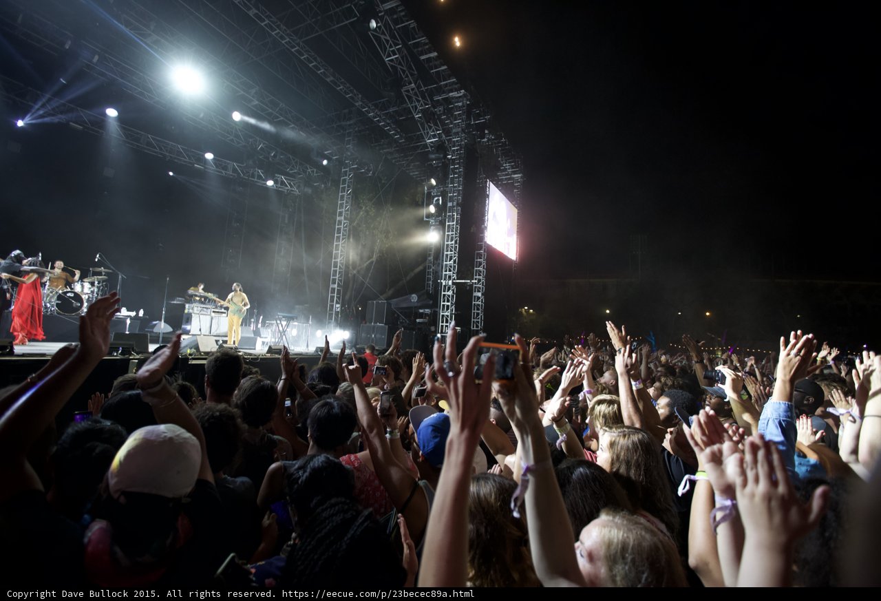 FYF Fest Wide Crowd Stage Solange Red Dress Guitarist Video Screen Arms Raised Night