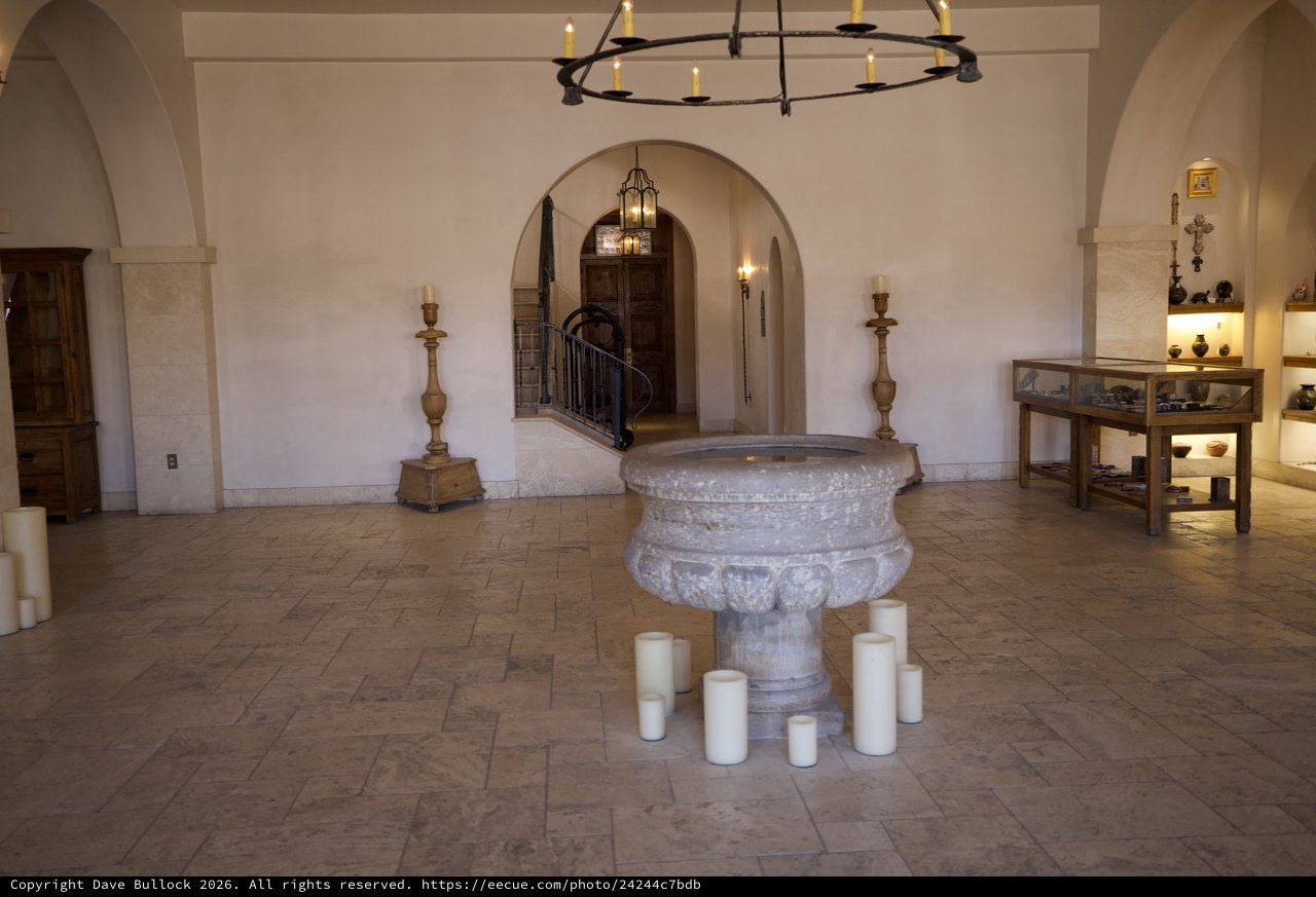 Spanish Colonial Church Interior with Baptismal Font