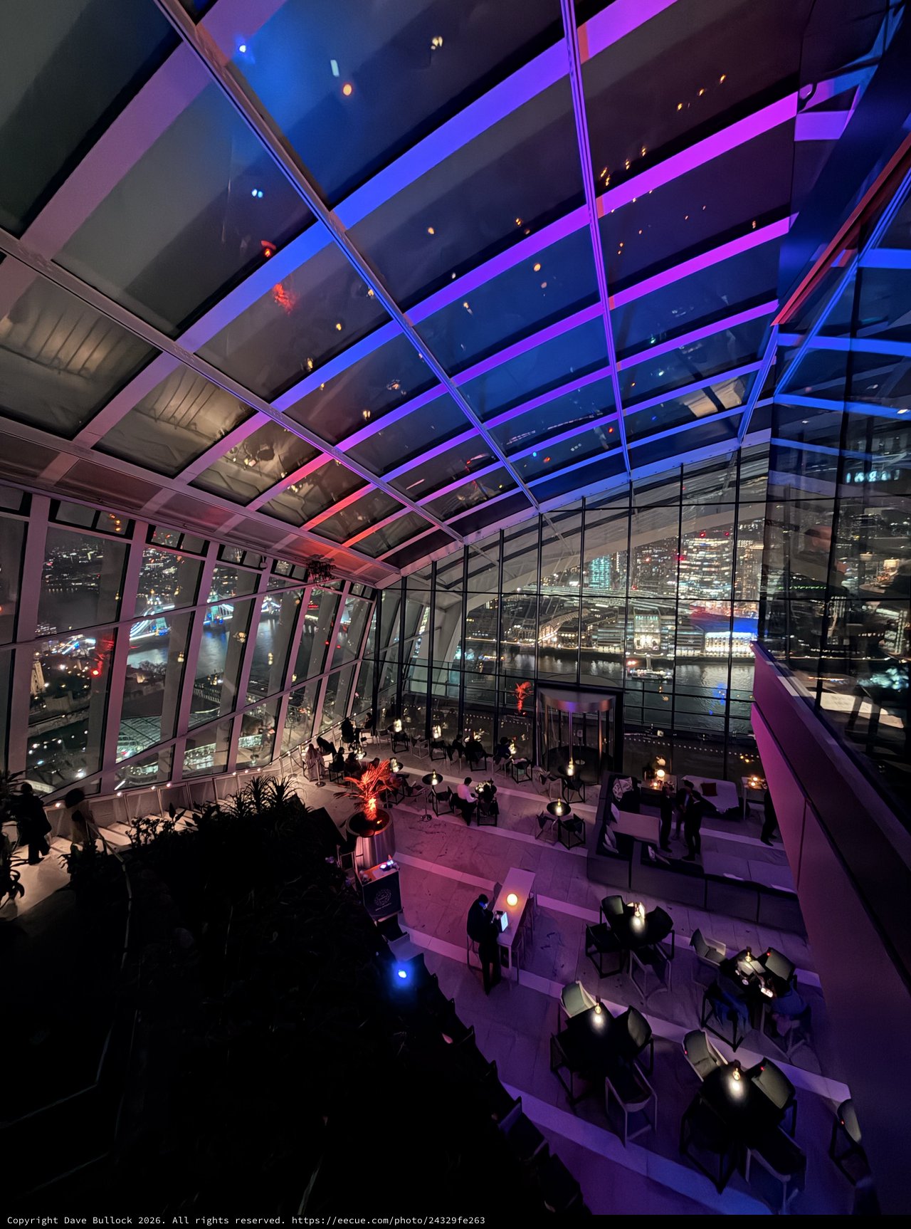 Modern Sky Garden Restaurant with Purple Ambient Lighting