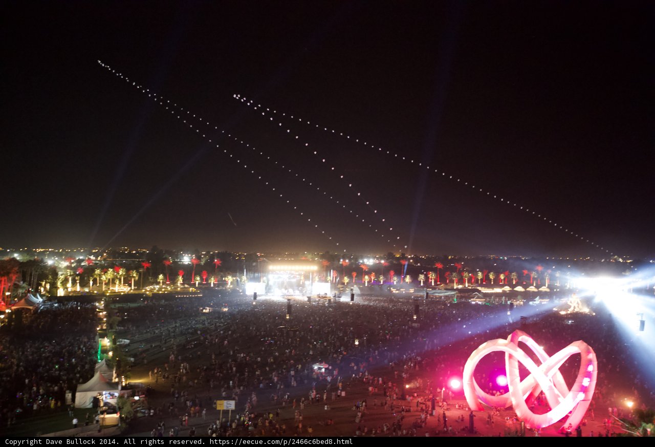 Lights and Fireworks Over Coachella Crowd