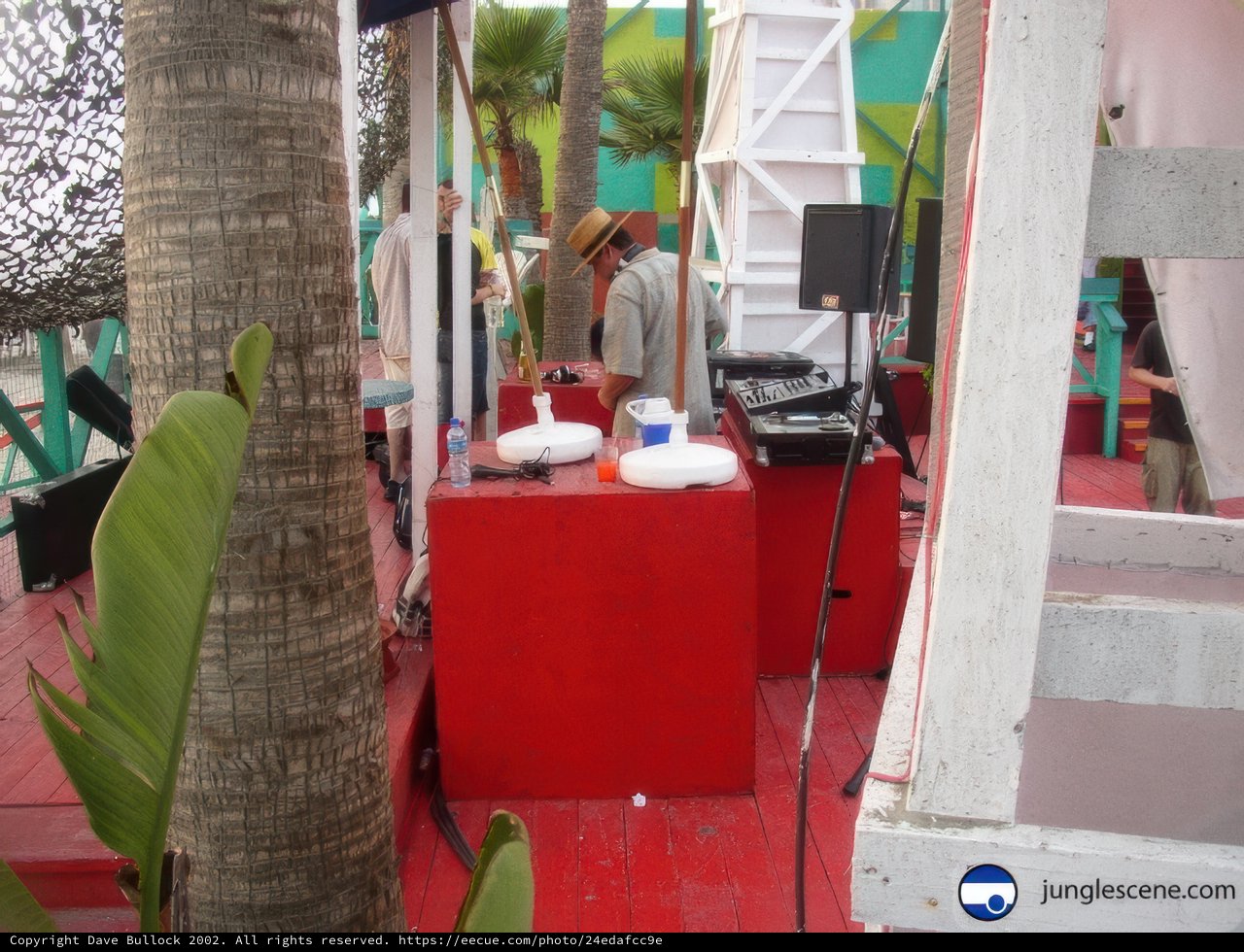 Red and White Table with Palm Tree