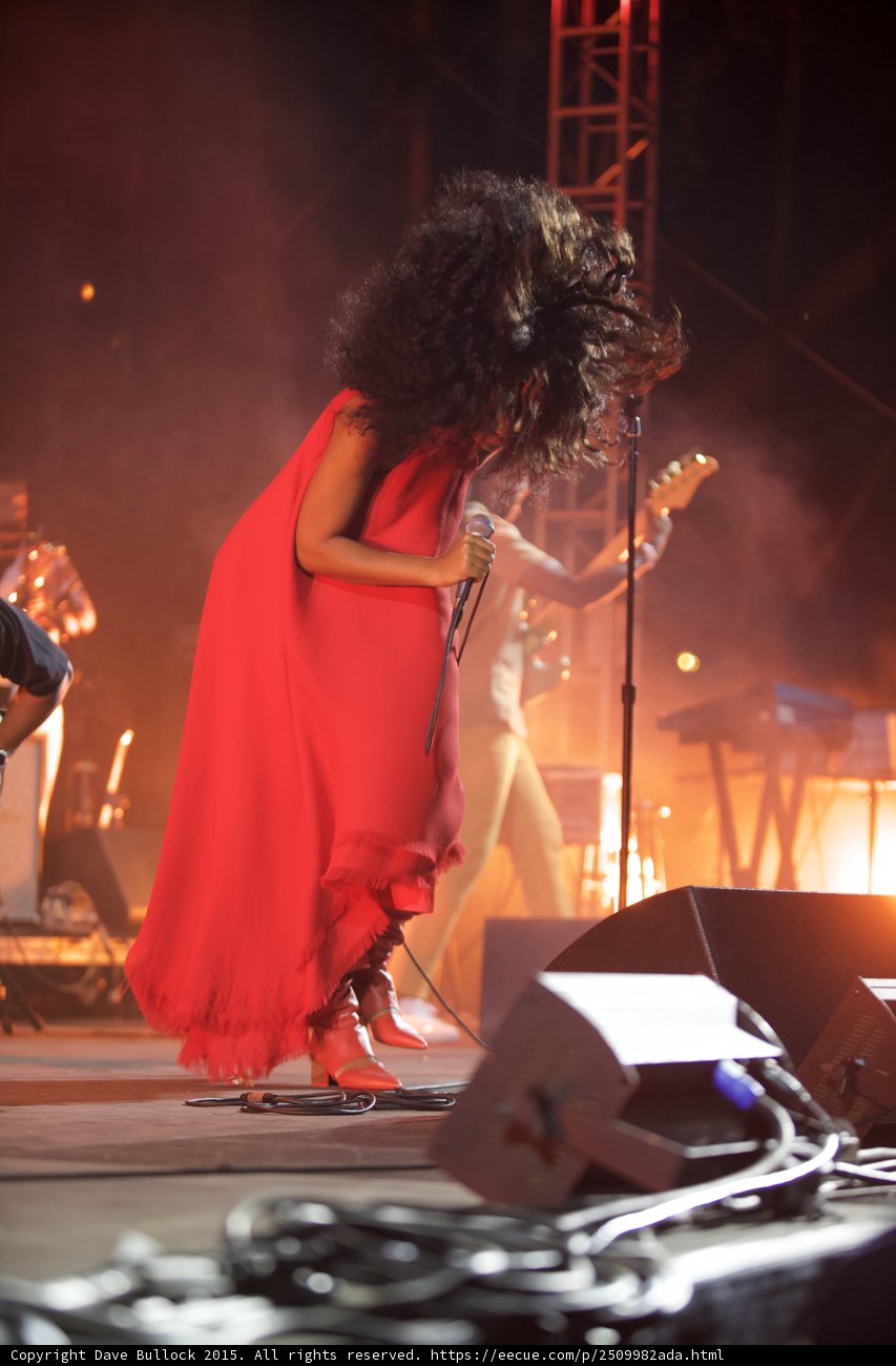 Solange Full Body Head Bowed Hair Covering Face Red Outfit Guitarist