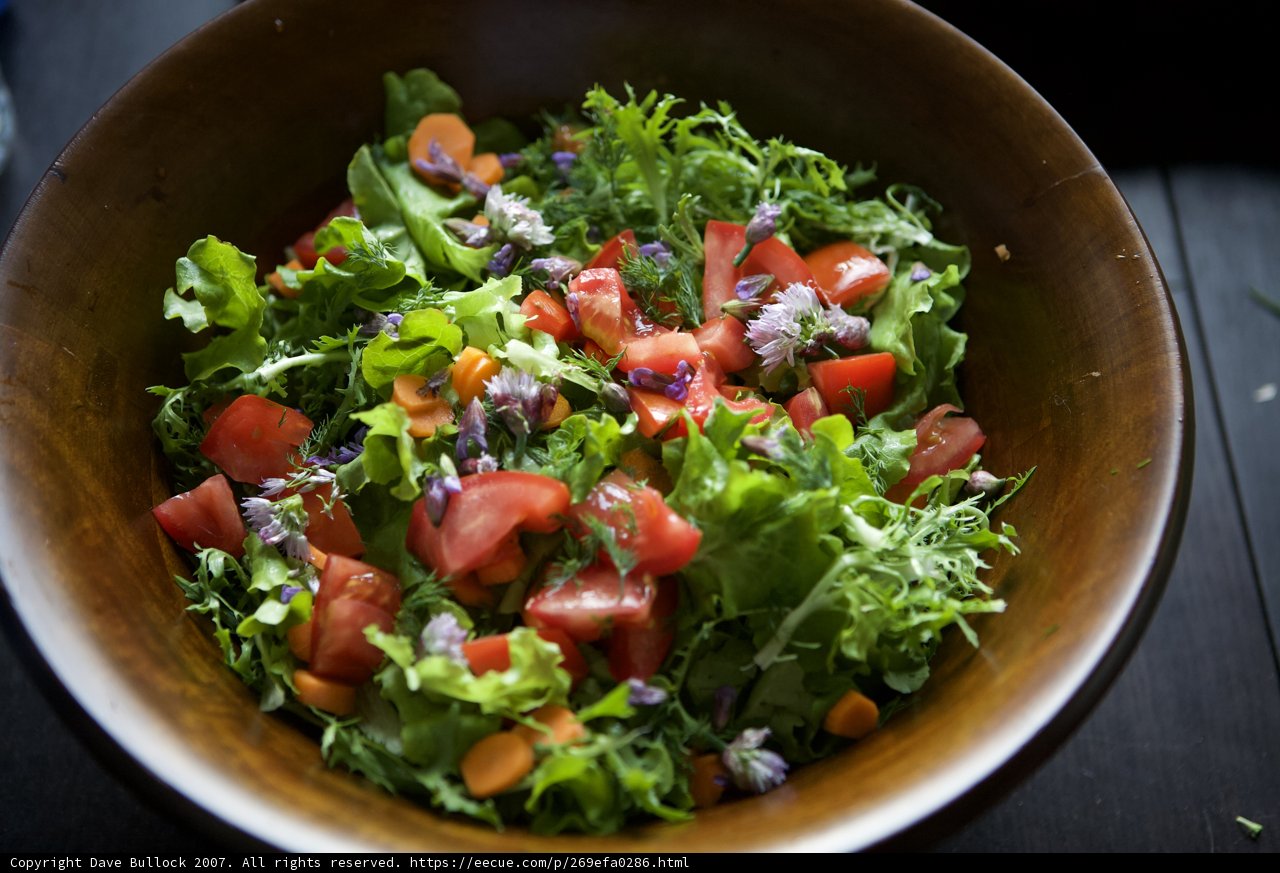 Fresh Salad in a Natural Wooden Bowl