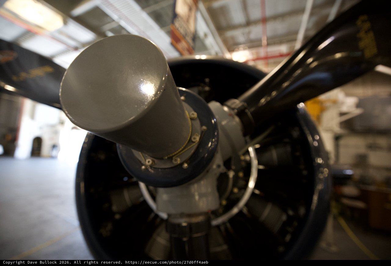 Close-Up of Vintage Aircraft Propeller Hub in Hangar