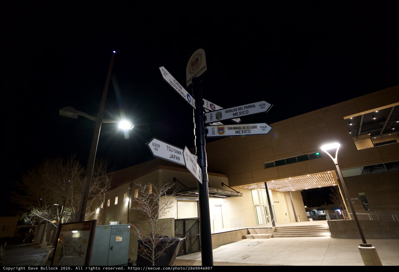 Sister Cities Directional Signpost at Night in Santa Fe