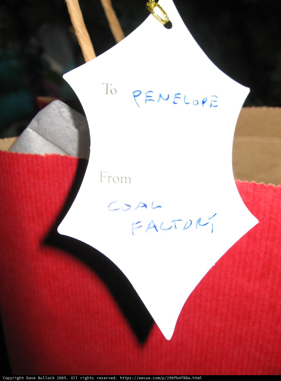 Reupli Gift Bag Caption: A red gift bag with a "to reupli from coal palace" tag, captured on December 24th, 2005 at 2:08 pm. The handwriting on the tag adds a personal touch to the festive symbol.