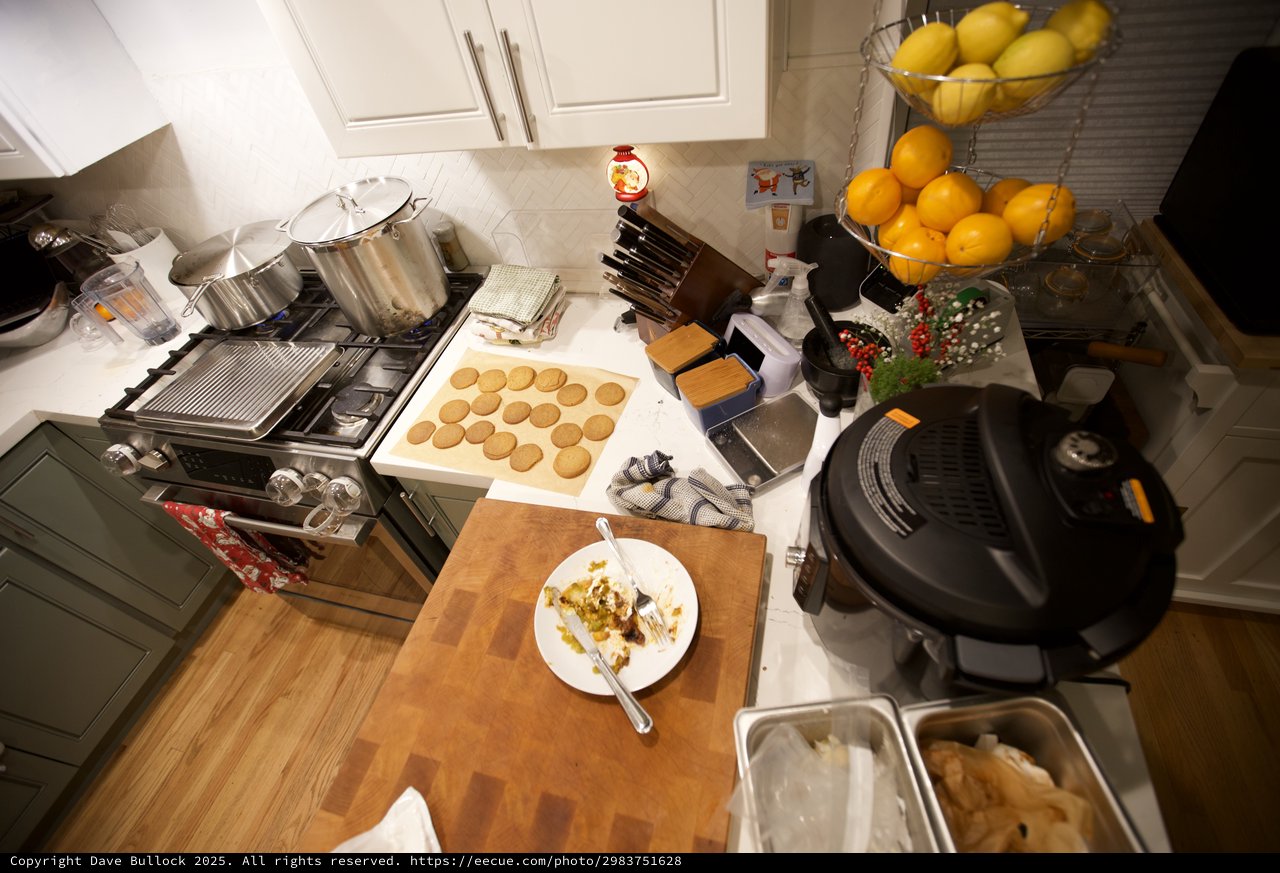 Busy Kitchen Counter During Christmas Cookie Baking Session