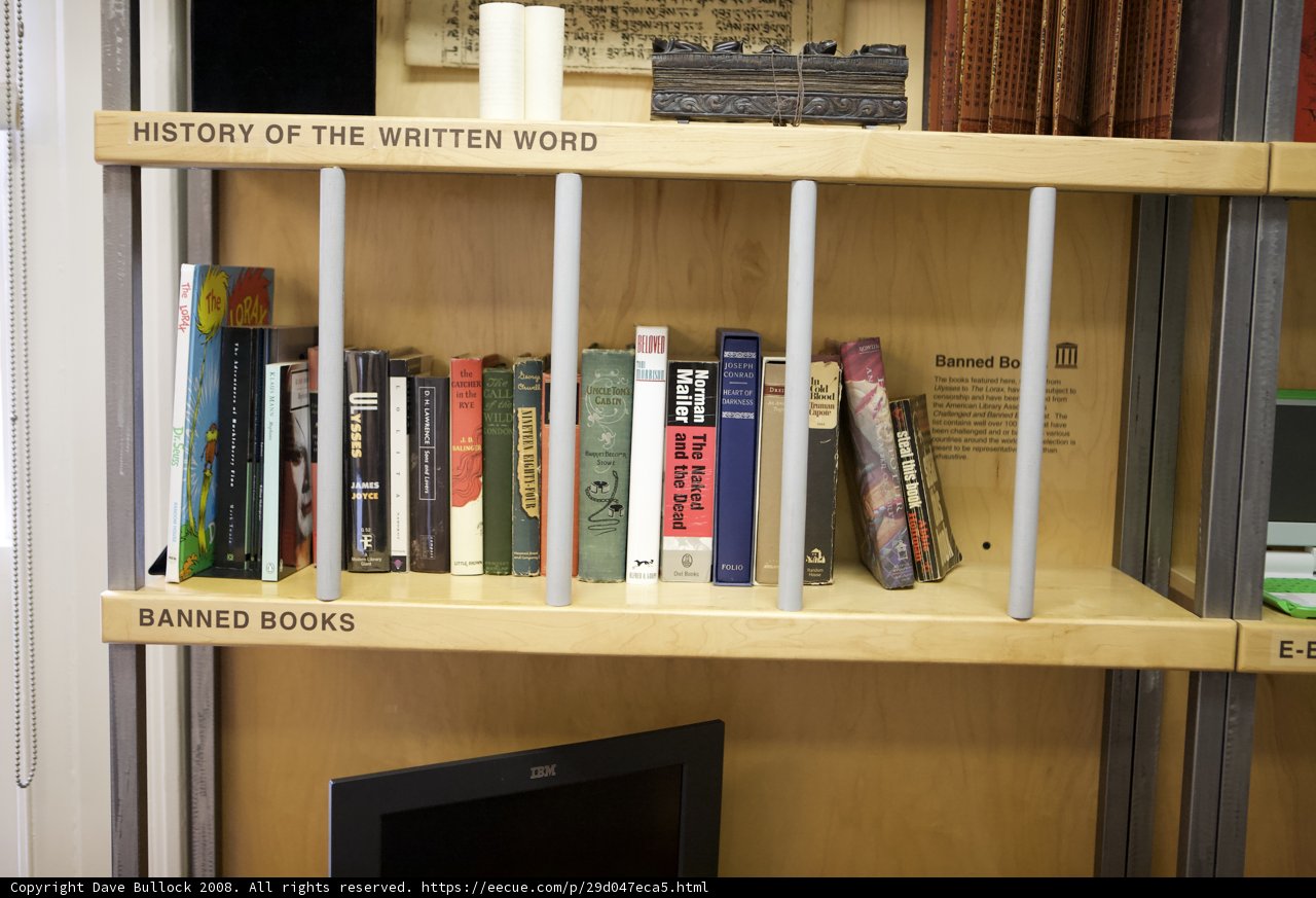 A collection of literature on a wooden bookshelf
