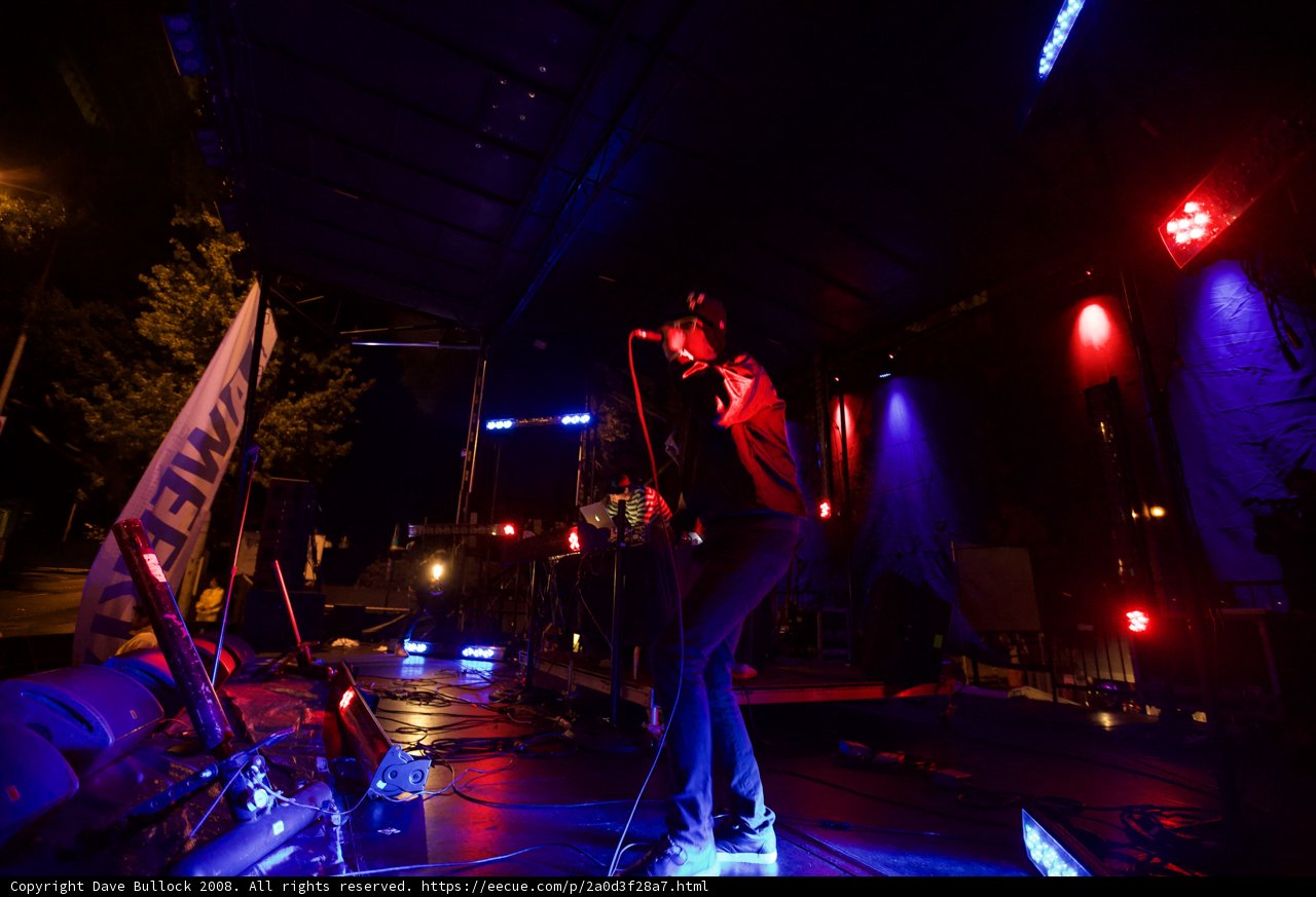 Rocking the Stage Caption: A male performer electrifies the crowd with his music at a concert, holding a microphone as he stands in the spotlight on the urban stage. The banner and flag add to the ambiance while speakers, drum, and string instruments can be seen in the background.