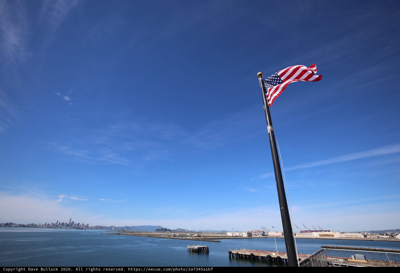 American Flag Flying Over San Francisco Bay