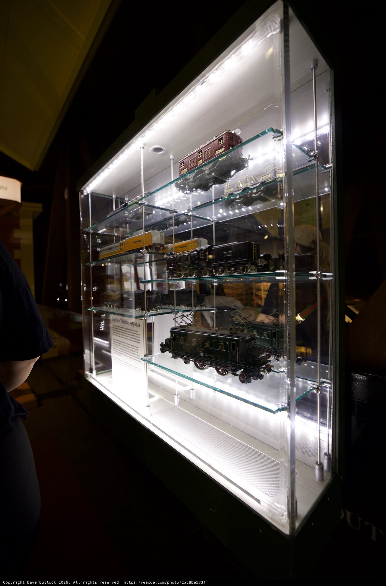 Illuminated Display Case of Model Trains and Locomotives
