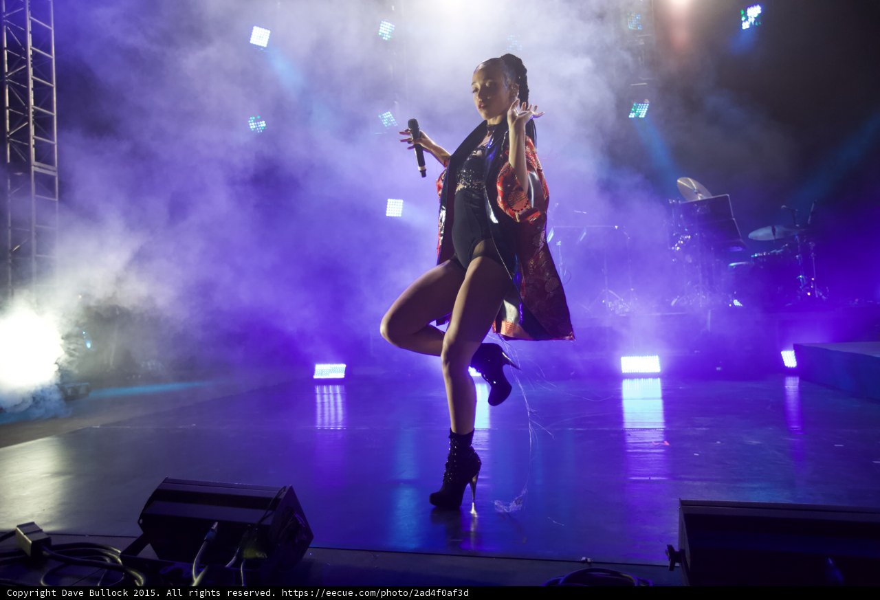 FKA twigs Stunning Full Body Dance Pose Leg Bent Raised Microphone Graceful Hand Kimono Flowing Red Brocade Black Bodysuit Boots Drums Haze
