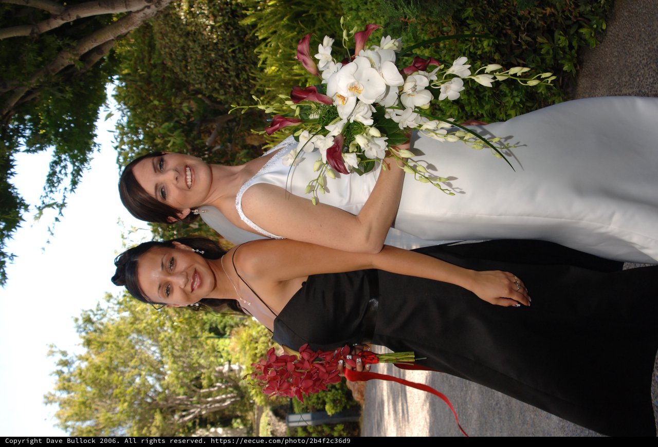 Bride and Bridesmaid Pose Back-to-Back in Garden
