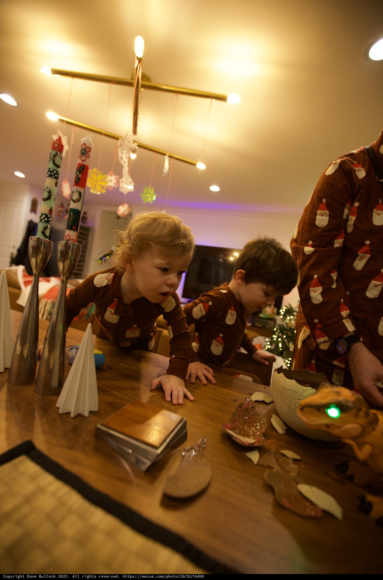 Children in Matching Pajamas Examining Christmas Decorations
